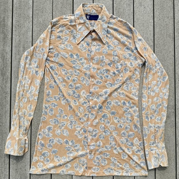 dynasty Other - Vintage 1970s 70s Men Sz L TALL Peach Leaves Stretch Saturday Night Fever Disco